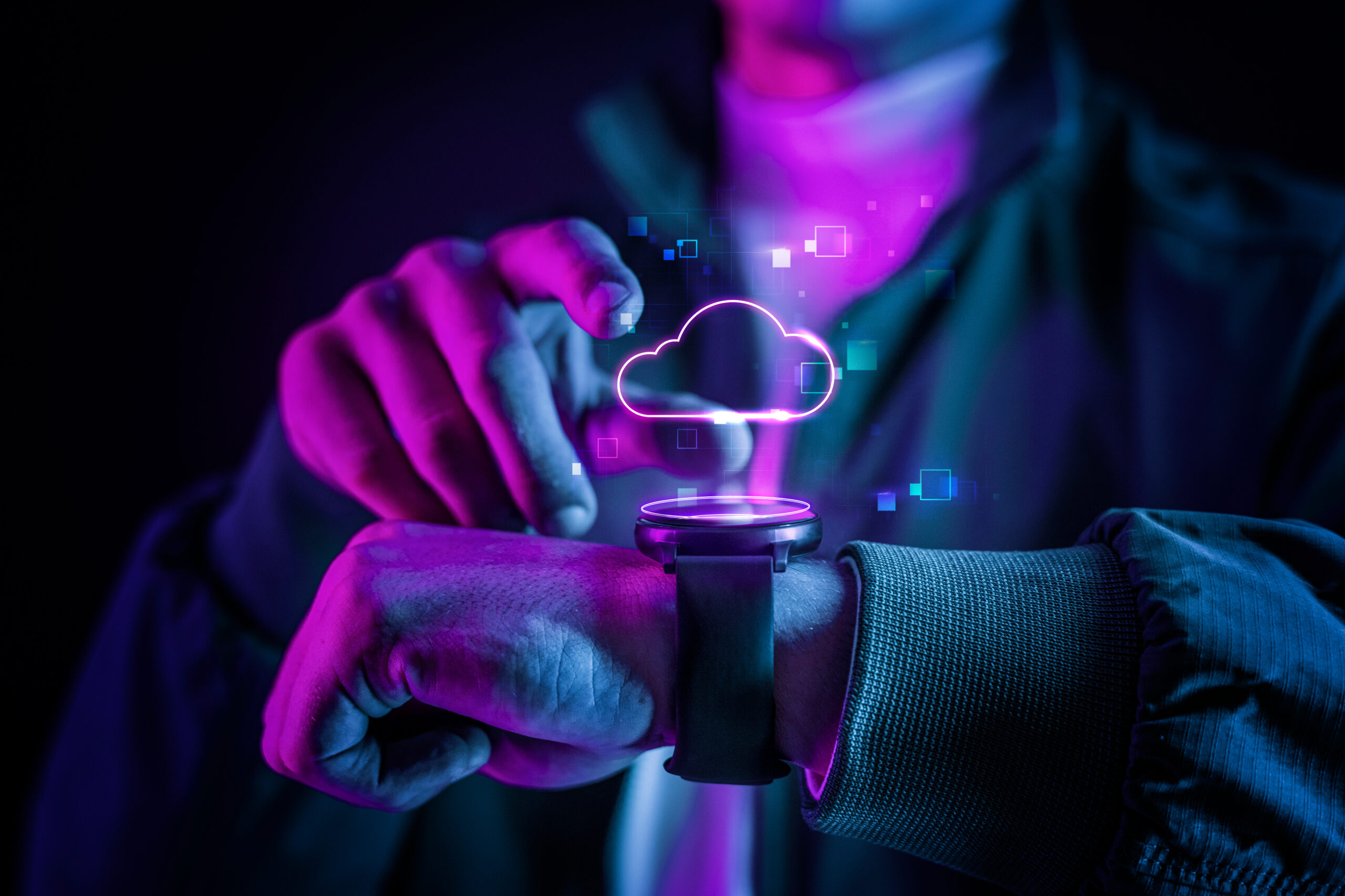 cloud technology with futuristic hologram smartwatch scaled